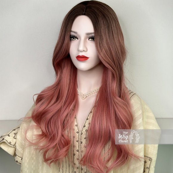 Sakura Pink Hair Ombre Pastel Pink Wig Dark Roots Wavy Wig  | Anaella - Picture 3 of 8